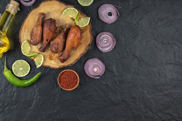 Pilon de poulet grillé avec des légumes sur la vue de dessus de planche de bois.