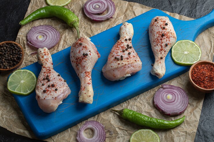 Photo gratuit pilon de poulet mariné et légumes frais.