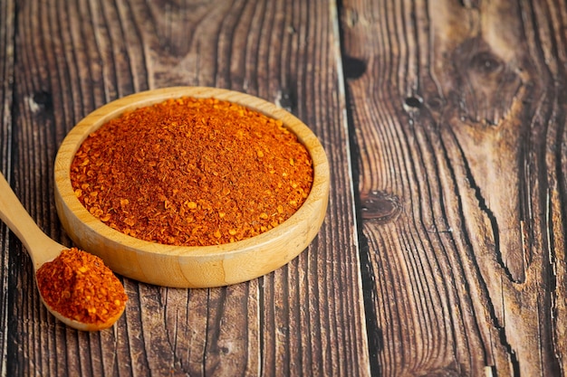 Piment de Cayenne séché dans une petite assiette en bois