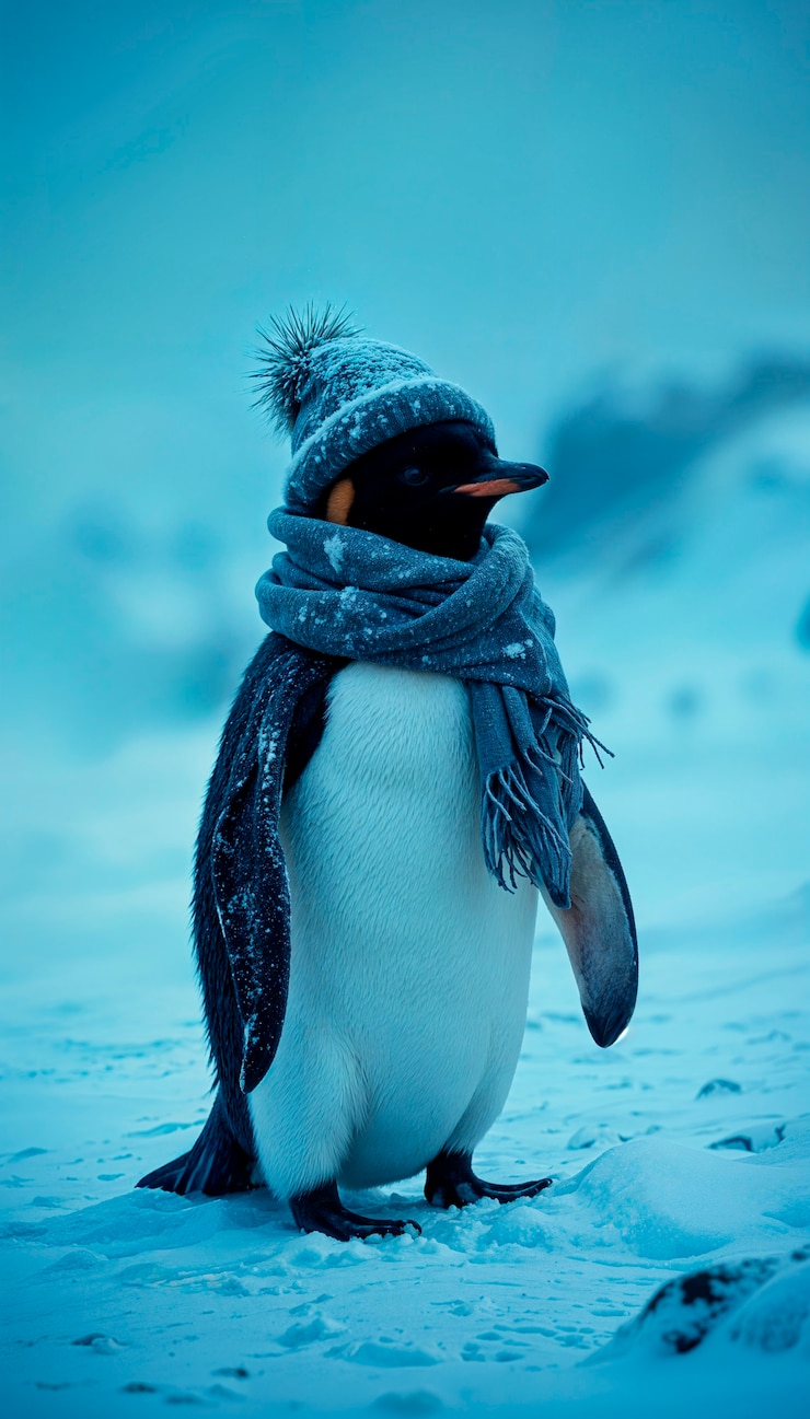Photo gratuit pingouin avec foulard et chapeau l'hiver