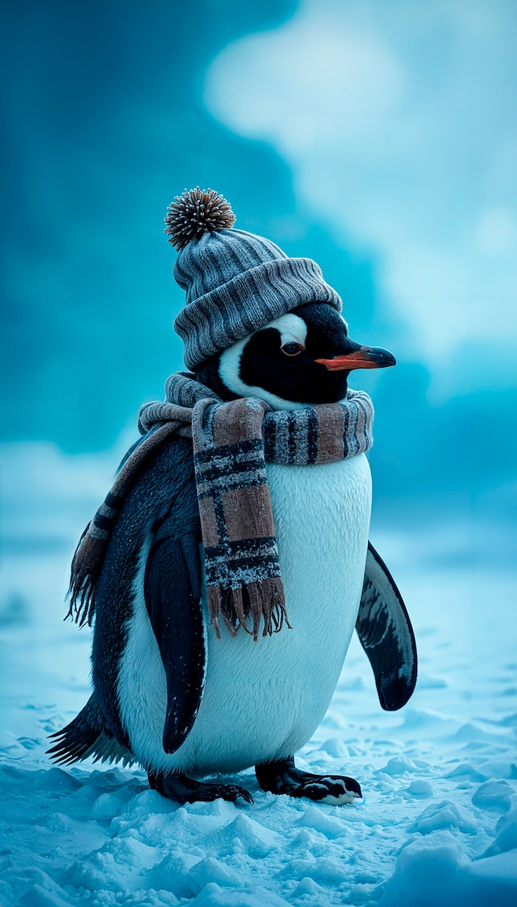 Photo gratuit pingouin avec foulard et chapeau l'hiver
