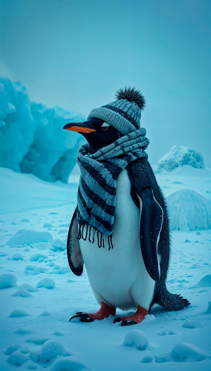 Photo gratuit pingouin avec foulard et chapeau l'hiver