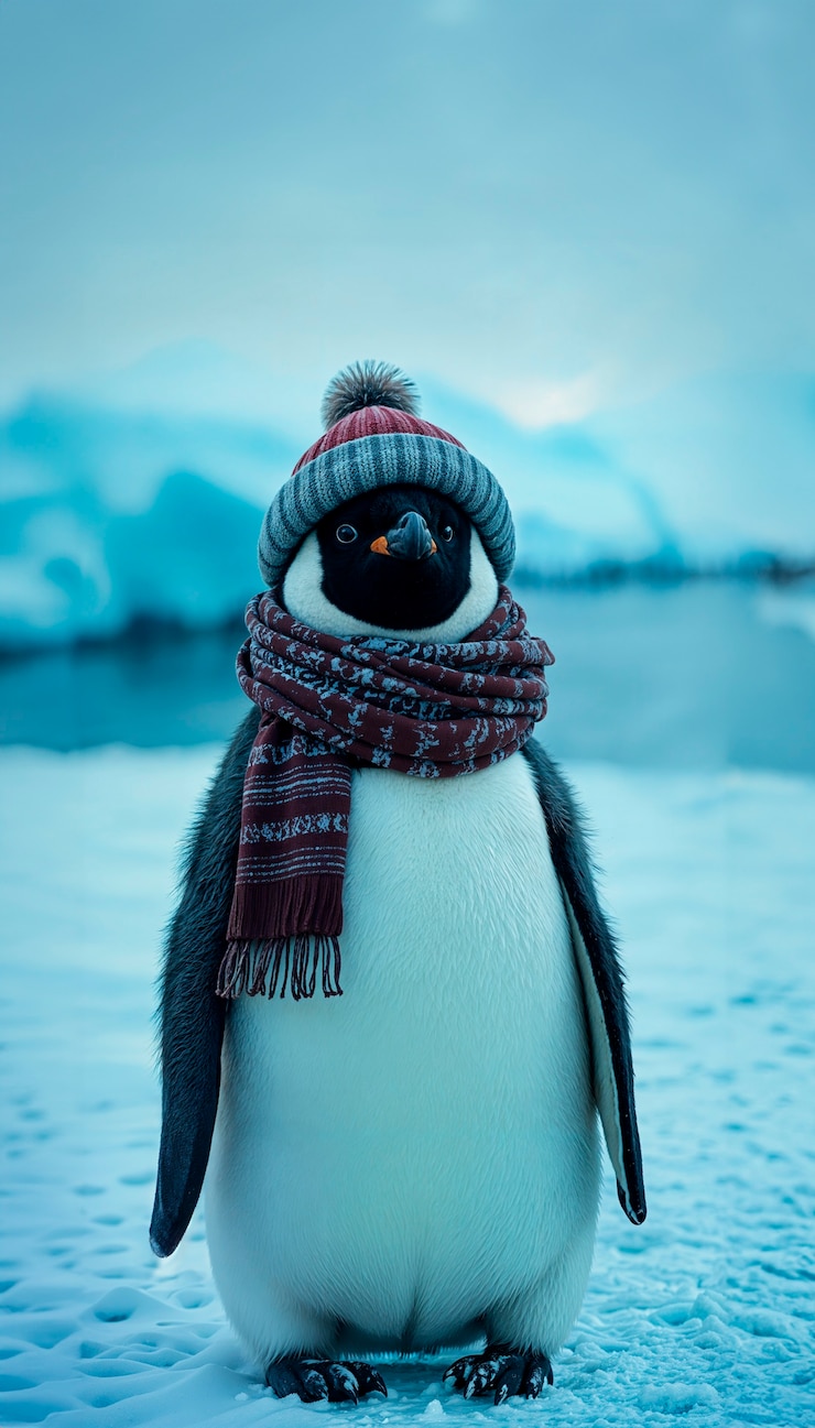 Photo gratuit pingouin avec foulard et chapeau l'hiver