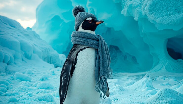 Photo gratuit pingouin avec foulard et chapeau l'hiver