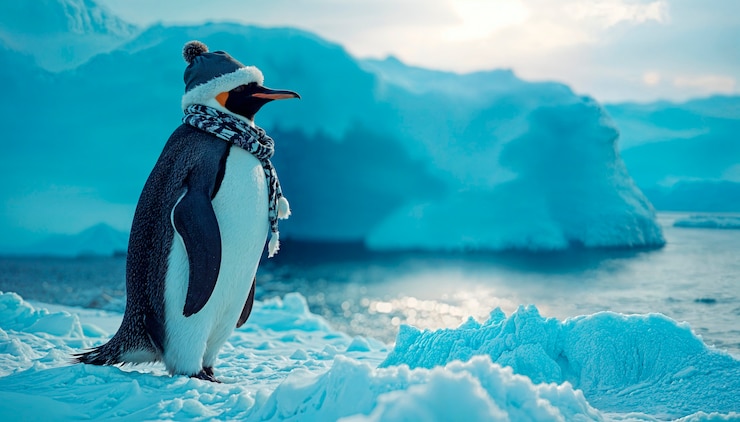 Photo gratuit pingouin avec foulard et chapeau l'hiver
