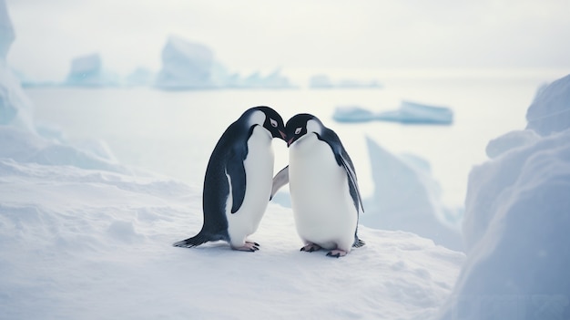 Photo gratuite des pingouins mignons se tiennent l'un à côté de l'autre et montrent de l'affection.