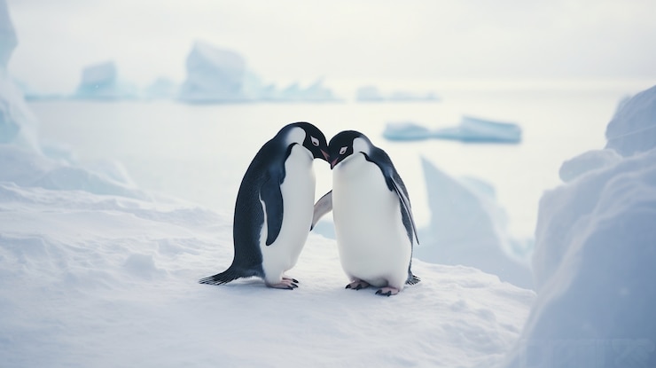 Photo gratuit des pingouins mignons se tiennent l'un à côté de l'autre et montrent de l'affection.