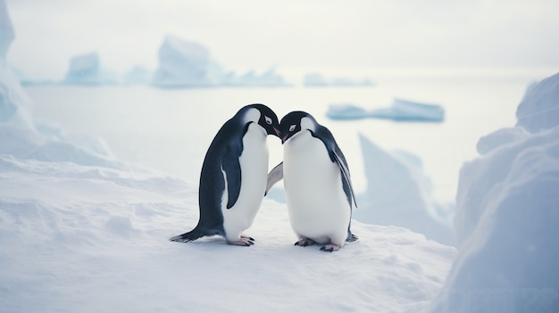 Des pingouins mignons se tiennent l'un à côté de l'autre et montrent de l'affection.