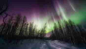 Photo gratuite des pins enneigés illuminent le sombre paysage forestier d'hiver généré par l'ia