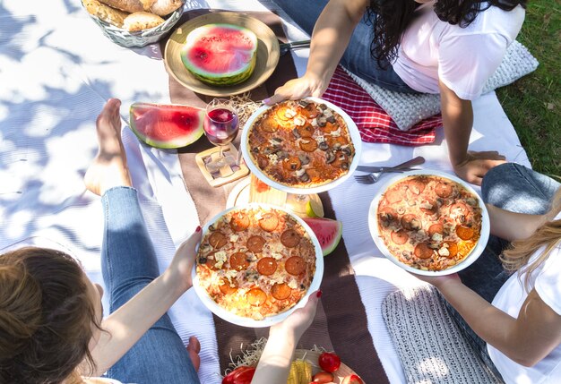 Pique-nique d'été avec des amis dans la nature avec de la nourriture et des boissons.