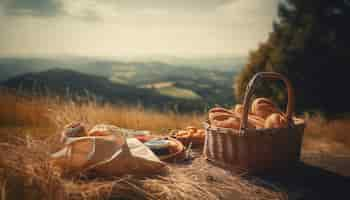 Photo gratuite pique-nique à la montagne avec une corbeille de pain et un sac de beurre