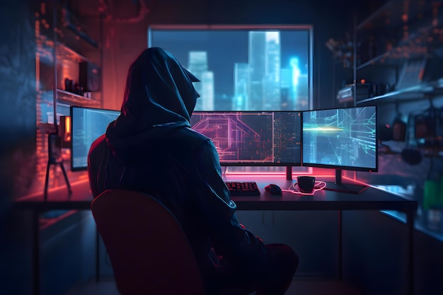 Photo gratuite un pirate à la cagoule assis devant un écran d'ordinateur concept de cybercrime