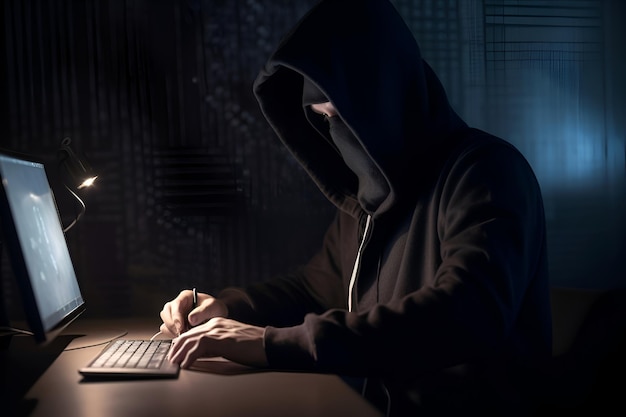 Photo gratuite un pirate à la cagoule utilisant un ordinateur dans une pièce noire concept de cybercrime