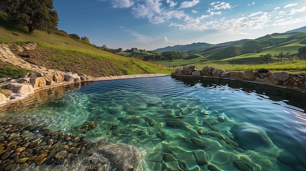 Photo gratuite une piscine de campagne rustique avec une eau cristalline nichée au milieu de collines