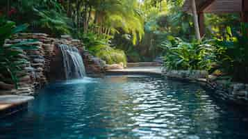 Photo gratuite une piscine sereine dans la cour ornée de jeux d'eau et entourée d'une verdure luxuriante