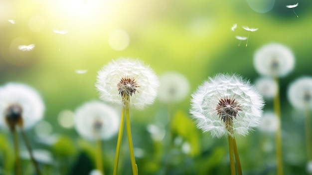 Des pissenlits blancs et moelleux contre la verdure