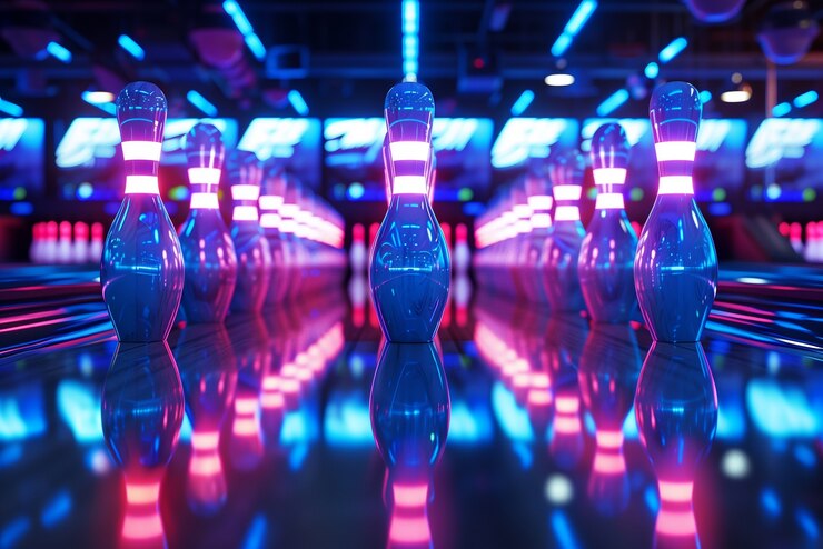 Photo gratuit la piste de bowling est éclairée par des néons.