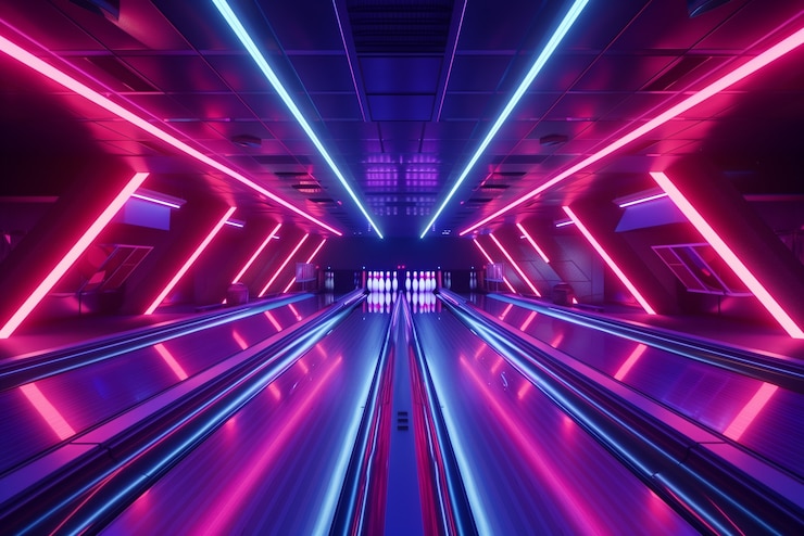 Photo gratuit la piste de bowling est éclairée par des néons.
