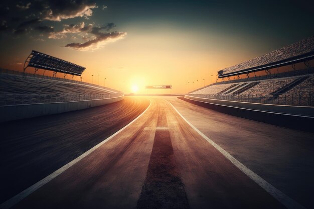 Piste de course vide avec fond de ciel coucher de soleil