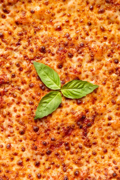 Pizza au fromage vue de dessus avec feuilles de basilic