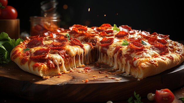 Pizza au salami et fromage mozzarella sur planche de bois