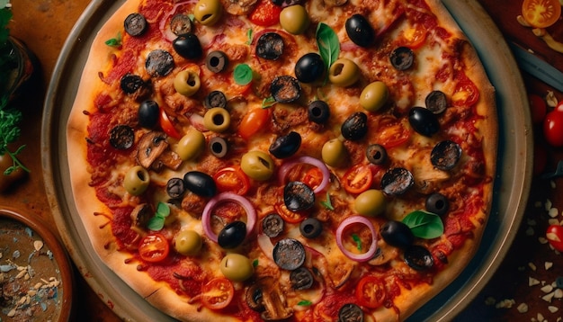 Photo gratuite une pizza aux olives et oignons sur un plateau