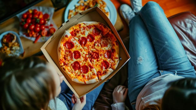 Photo gratuite pizza dans une boîte sur les genoux d'adolescents assis sur le canapé et regardant la télévision à plat, des aliments frais