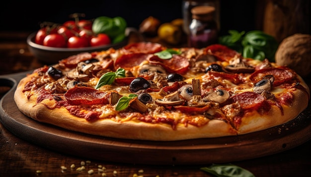 Pizza fraîchement cuite sur une table en bois rustique générée par l'IA