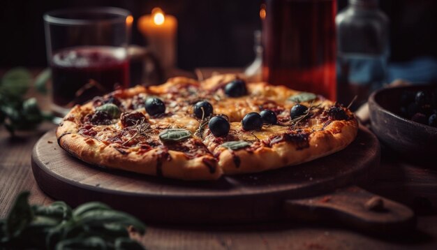Pizza fraîchement cuite sur une table en bois rustique générée par l'IA