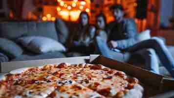 Photo gratuite pizza sur la table et portrait flou d'adolescents assis sur le canapé et regardant la télévision