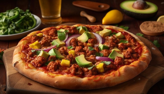 Photo gratuite une pizza à la viande, à l'avocat et à la sauce rouge est posée sur une table à côté d'un verre de bière.