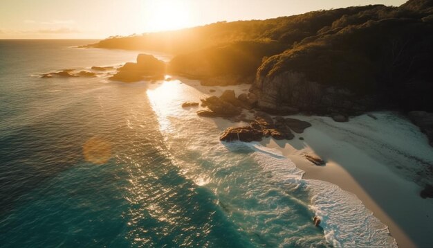 Une plage avec un coucher de soleil en arrière-plan