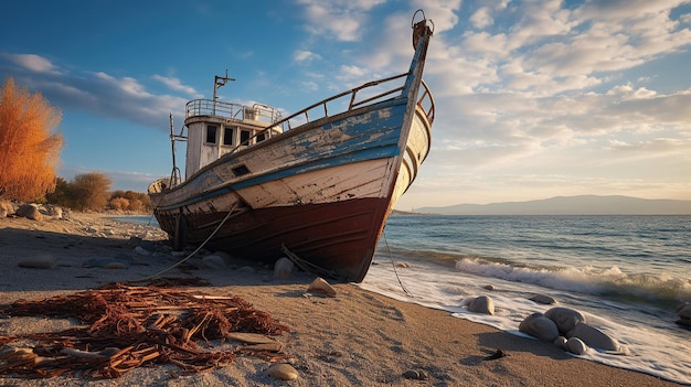 Photo gratuite la plage de sable de chypre abrite un ancien navire rouillé, une relique silencieuse de l'histoire maritime.