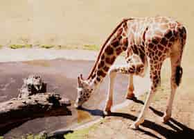 Photo gratuite plan horizontal d'une girafe d'eau potable dans l'enceinte des animaux africains