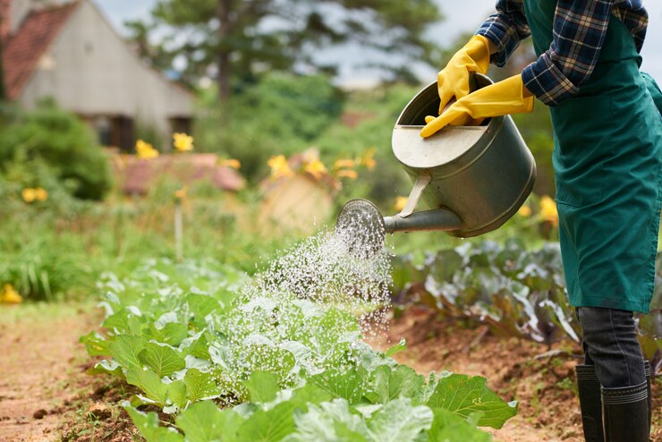 Photo gratuit plan d'un jardinier méconnaissable arrosant une récolte de chou dans une bombe aérosol