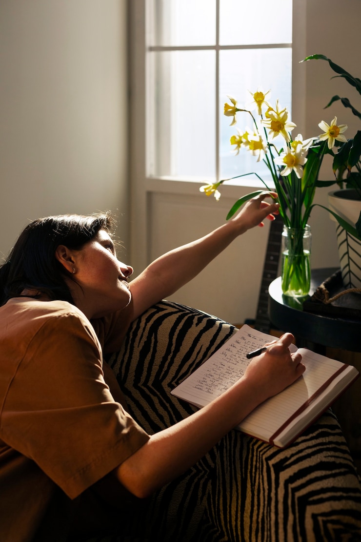 Photo gratuit plan moyen femme écrivant dans son journal