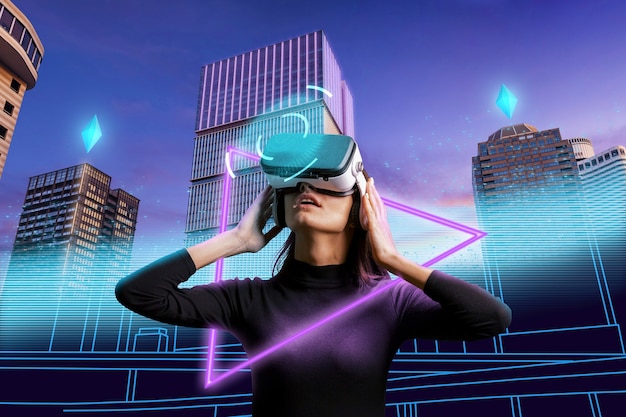 Plan moyen femme expérimentant la réalité virtuelle