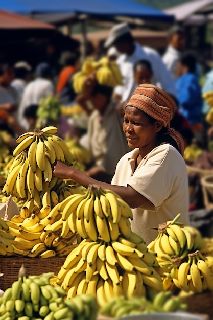 Plan moyen, gens vendant des bananes