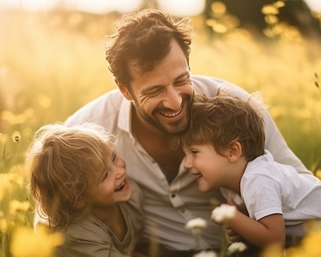 Plan moyen, père et enfants heureux