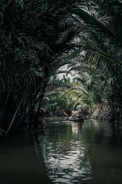 Photo gratuite plan vertical de personnes dans un bateau au milieu du lac avec le reflet de palmiers