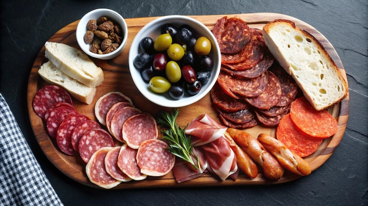 Photo gratuit une planche en bois avec diverses viandes cuites, des olives, du pain et du romarin.