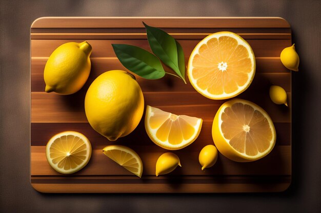 Une planche à découper avec des citrons et des citrons dessus