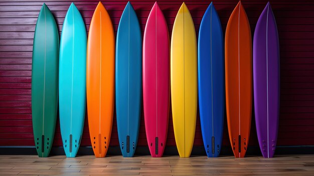 Photo gratuite une planche de surf multicolore s'appuie sur un mur prête pour des aventures en mer