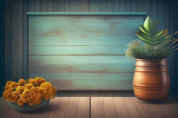 Photo gratuite un plancher en bois avec un pot de fleurs et une table en bois.