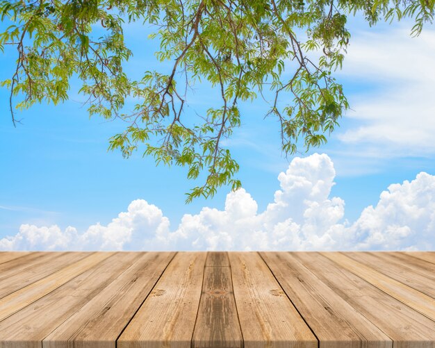 Les planches en bois avec le ciel bleu et les branches