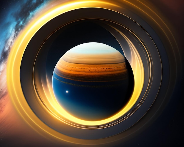 Une planète dans un anneau avec le soleil qui brille à travers