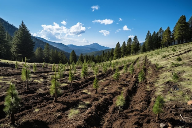 Photo gratuite plantage de nouveaux arbres plantation de nouveaux arbres dans une zone ouverte d'un arbre conifère de montagne