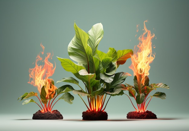 Photo gratuite des plantes en 3d en feu avec des flammes