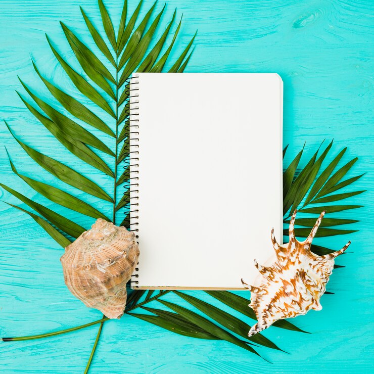 Photo gratuit plantes tropicales vertes fraîches près du bloc-notes et des coquillages