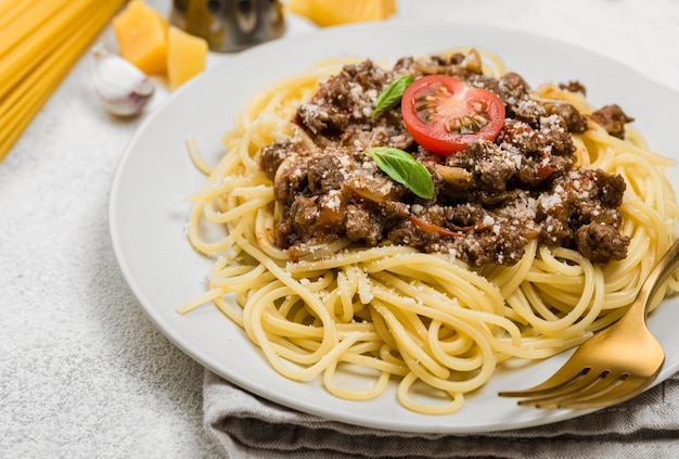 Plaque, à, spaghetii, bolognese, gros plan